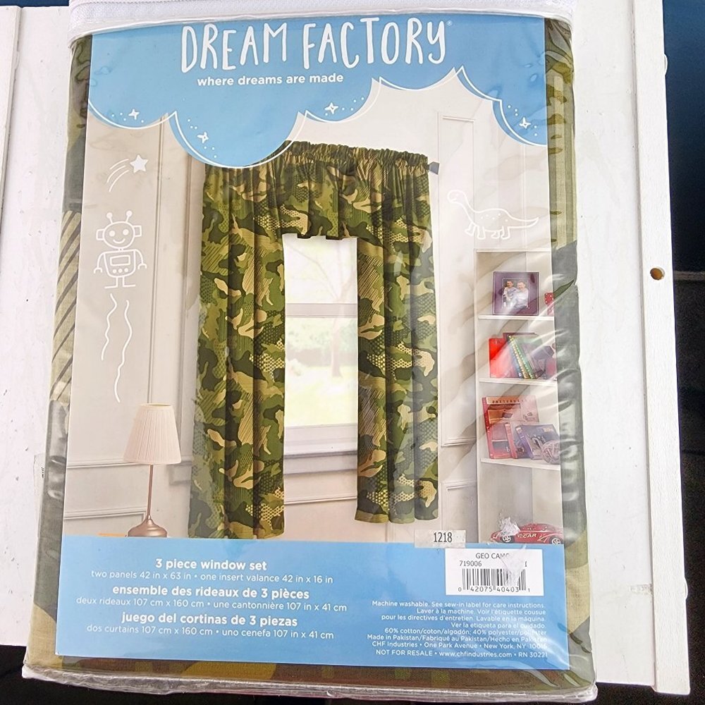 Dream Factory Geo Camo 3 Piece Window Panel Set Curtains NWT